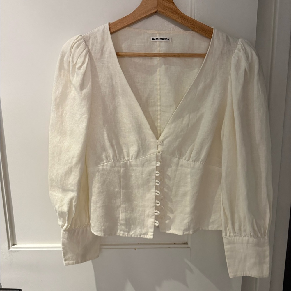 Reformation Off-White V-Neck Button-Up Blouse